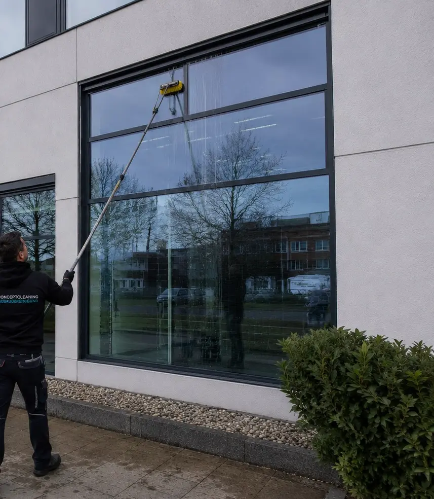 Fensterreinigung an einer Bürofront mit Teleskopstange in Kassel