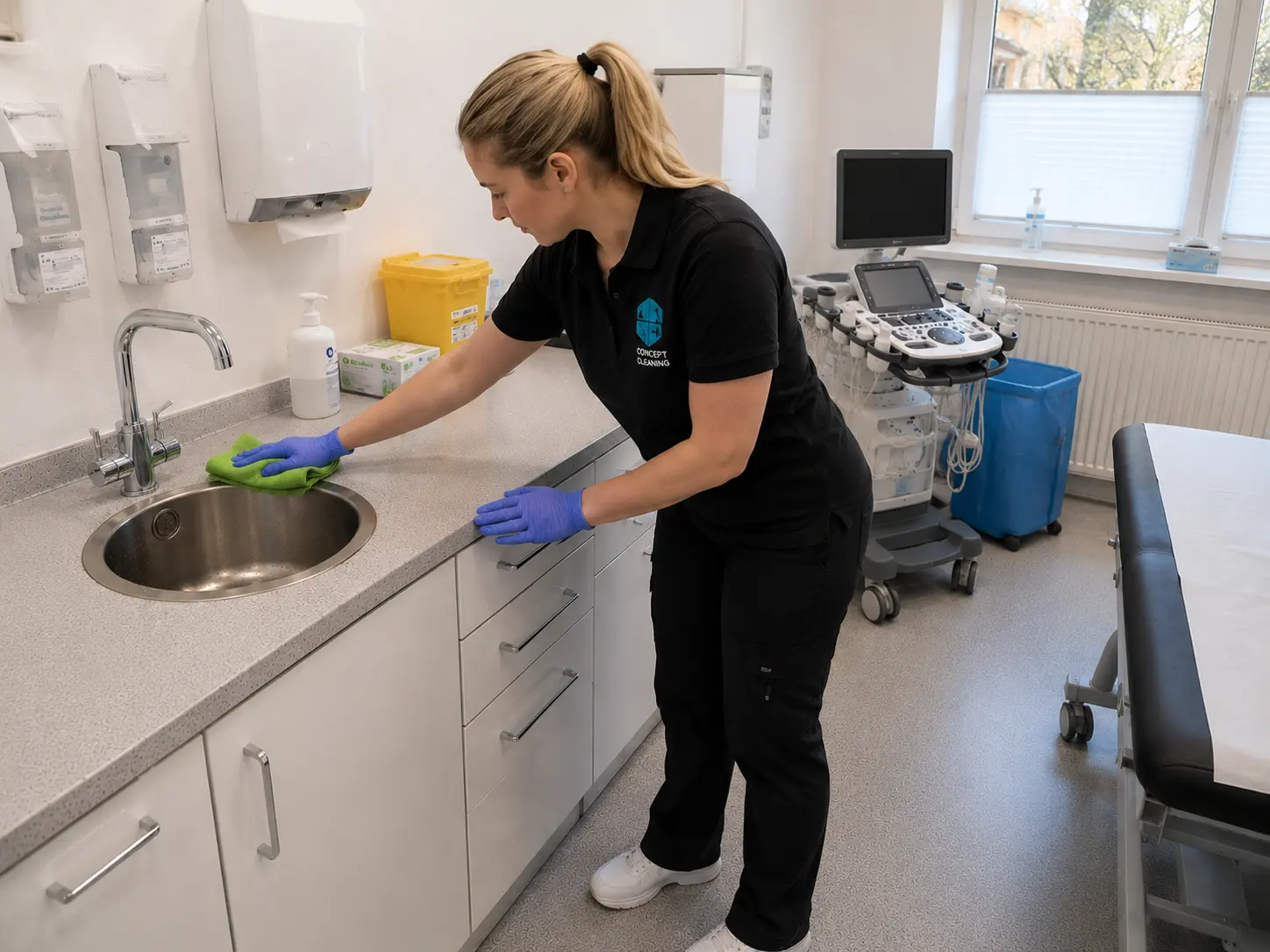 Desinfektion einer Arbeitsfläche in einer Arztpraxis in Göttingen