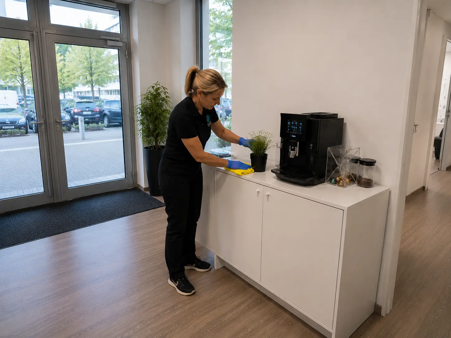 Professionelle Unterhaltsreinigung: Empfangsbereich und Kaffeeautomat reinigen